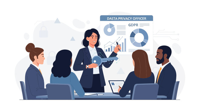 Business Meeting: Privacy Officer Presents GDPR Data Security Strategy with Key Concept