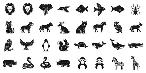 Obraz premium Animal silhouette icons set with wild zoo creatures for flat vector illustration black graphic design symbols pack