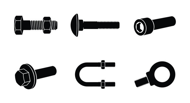 Assorted Bolts And Nuts Black Vector Silhouette On White Background