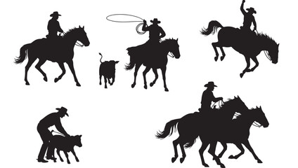 Fototapeta premium Horse Cowboy Silhouettes Set with Cowboy Hat Figures on Black Ranch Horses for Western Themed Design and Icons