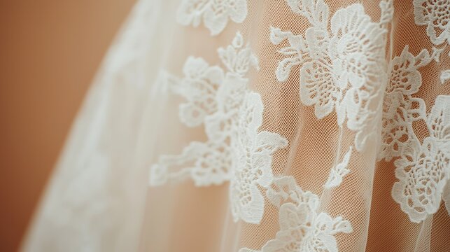 Extreme close-up: Intricate lace pattern on a wedding dress, soft focus, delicate
