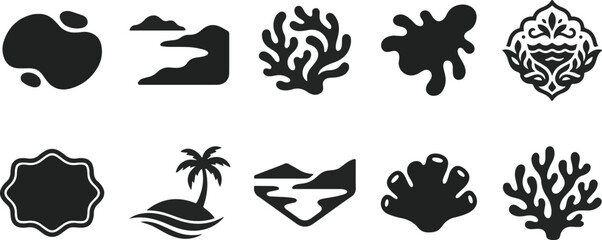 Black silhouette icons of tropical island and coral reef © MUKTARANI