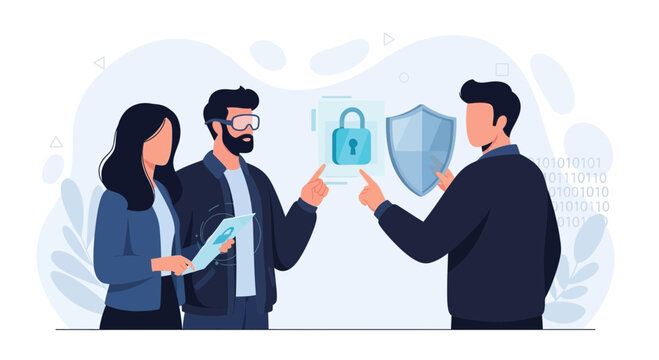 Cybersecurity Team Discussing Digital Security with Virtual Padlock and Shield