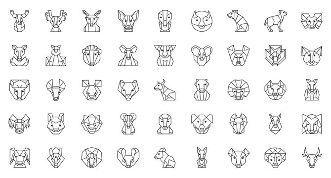 Geometric animal faces polygonal line art set with wild head outline icons for minimal vector illustration pack
