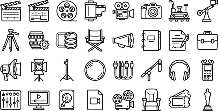 Film production and media equipment icon set with cameras, audio recording, video editing, and cinema technology concepts