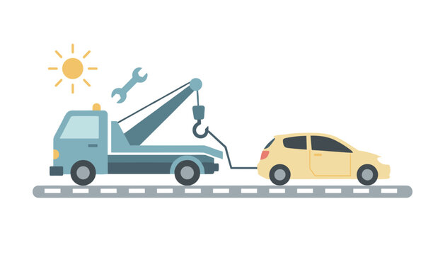 Blue tow truck pulling a yellow hatchback car along a road with a sun and wrench icon to symbolize professional automotive repair and roadside recovery.