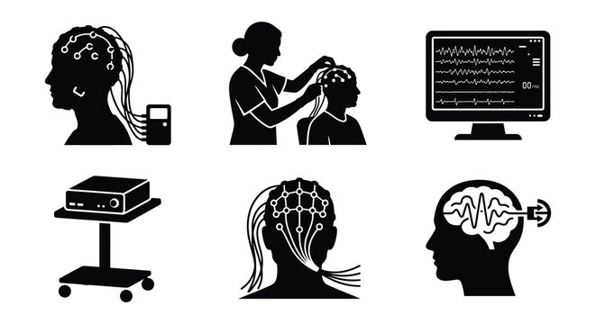 Electroencephalography Equipment And Procedure Black Silhouette Vector Icons
