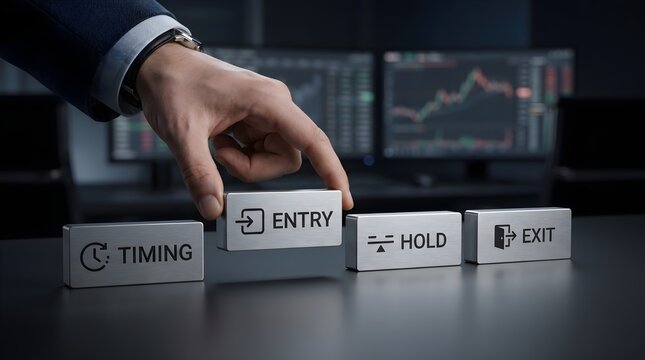 Businessman placing entry block on table with timing hold exit cubes