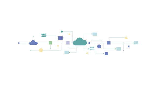 Abstract cloud computing network with servers, nodes, and geometric shapes to visualize data storage, cloud infrastructure, and distributed computing systems.