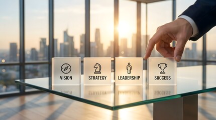Plakat Businessman placing hand on success block on glass table in office with city view