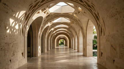 Obraz premium A long corridor with arches and a skylight in a beige stone building with greenery