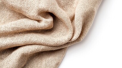 Fototapeta premium Macro: Crinkled texture of a linen shirt, isolated on a pure white background, natural, relaxed