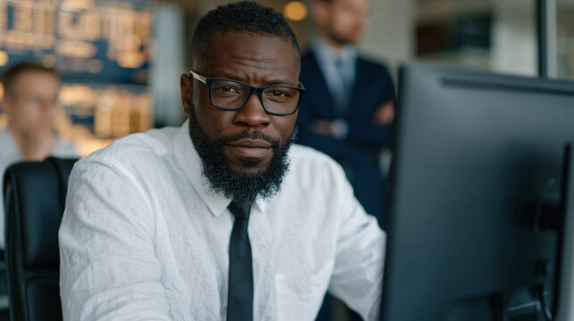 AI trading risk officer manually overriding stop-loss algorithm decision at standing terminal during market volatility event, compliance analyst watching, quantitative finance