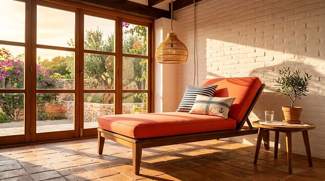 Mediterranean sunroom interior with orange daybed, rustic terracotta tile floor and white brick wall, cozy patio lounge with sunset light