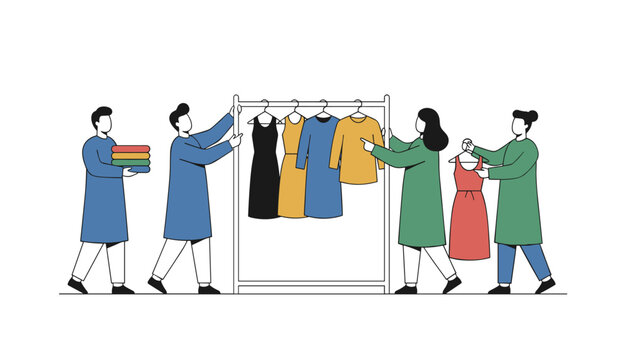 Team of people hanging and organizing dresses and garments on a clothing rack, demonstrating retail boutique preparation and fashion display setup.