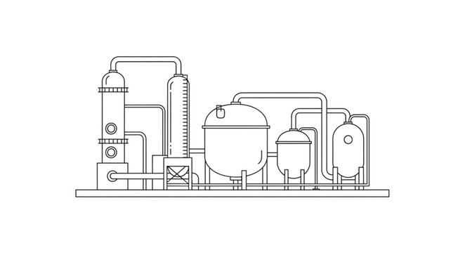 Industrial plant schematic with tanks and pipes.