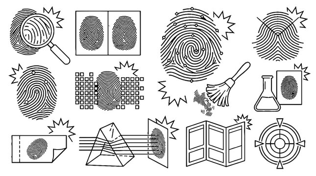 Forensic science and fingerprint analysis icons set for criminal investigation and biometric identification.