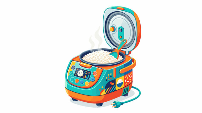 Colorful popcorn machine with open lid.