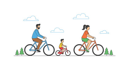 Naklejka premium Family cycling together on bicycles outdoors in a park setting with pine trees and clouds in a flat vector illustration style for active lifestyle concepts.
