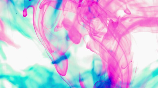 Abstract pink and cyan ink flowing in water, colorful liquid diffusion background, dreamy pastel fluid motion, artistic smoke swirl texture in 4k video