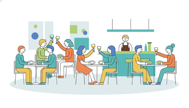 Friends toasting with wine glasses in a restaurant or bar setting with a bartender in the background for social gathering and celebration concepts.