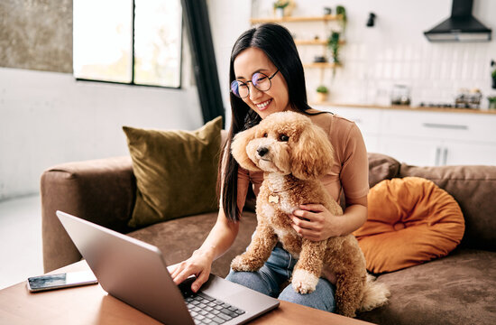 Woman working on laptop with dog at home.