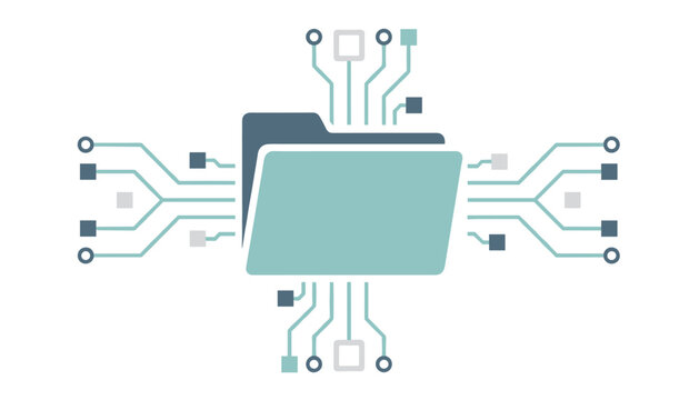 Folder icon surrounded by connected circuit board lines, network connectivity, file storage, and server infrastructure for modern computing and hardware security.