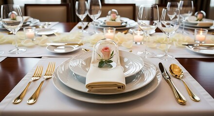 Fototapeta premium Elegant wedding table setting with white floral centerpieces and gold cutlery for a formal reception dinner
