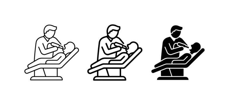 Dentist Examining Patient, Dental Care Icons, Medical Treatment Set