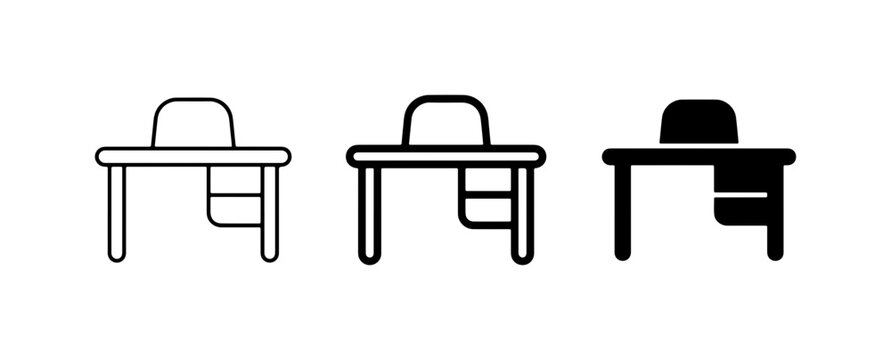 Desk and Chair Icons: Minimalist Office Furniture Vector Set, Line Art and Solid Fill Styles