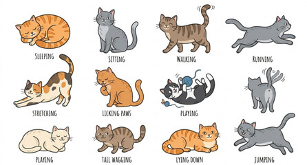 Obraz premium Hand drawn cat action elements set for seamless pattern vector illustration