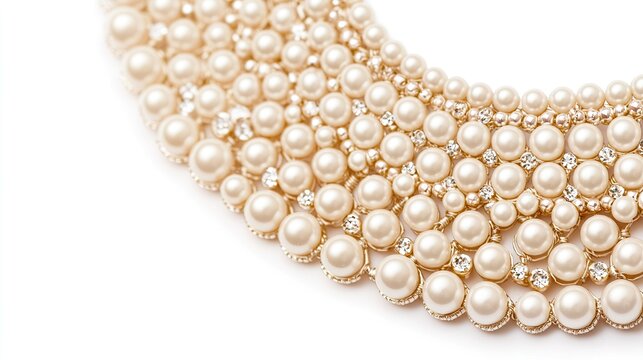 Macro: Tiny beads forming an intricate design on a collar, isolated on a pure white background, elegant, artisanal