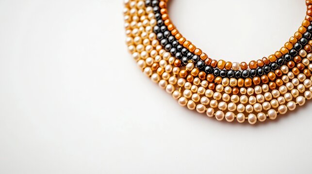 Macro: Tiny beads forming an intricate design on a collar, isolated on a pure white background, elegant, artisanal