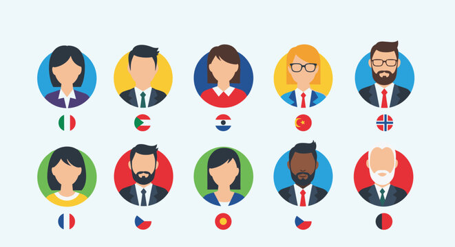 Collection of ten diverse circular avatars featuring business professionals from various countries, represented by national flags, symbolizing global collaboration and diversity.