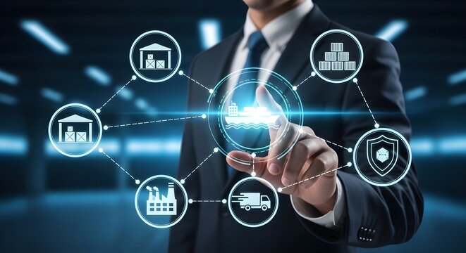 A businessman touching a screen representing logistics and supply chain management for the concept of digital logistics.