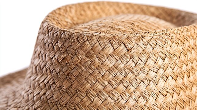 Macro: Woven basket-weave pattern on a straw hat, isolated on a pure white background, summer, natural