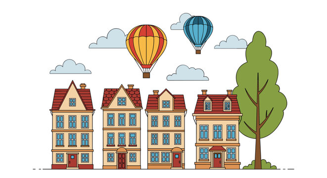 Charming row of colorful houses with varied architecture, nestled along a tree-lined street, with two vibrant hot air balloons floating in the cloudy sky.