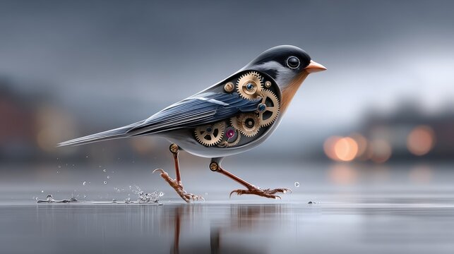 Mechanical bird with gears walks on water in urban setting during calm hours