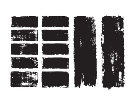 Grunge ink stamp texture set created with brayer technique. Rough vintage letterpress rectangles and vertical backgrounds with irregular edges and linocut print shapes. Vector illustration isolated on