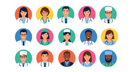 Fototapeta premium Comprehensive grid of circular avatars featuring diverse doctors and nurses, representing a broad and inclusive medical staff or healthcare team.