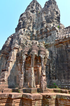 The Bayon is a well-known Khmer temple at Angkor in Cambodia. Built in the late 12th century or early 13th century as the official state temple of the Mahayana Buddhist King Jayavarman VII,
