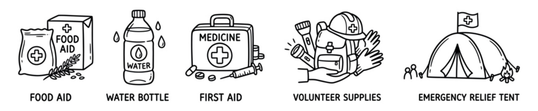 Humanitarian assistance and disaster relief supplies line icons