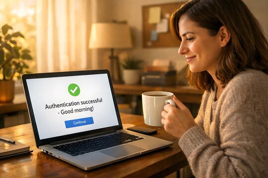 Happy Woman Confirms Successful Online Authentication on Laptop with Coffee