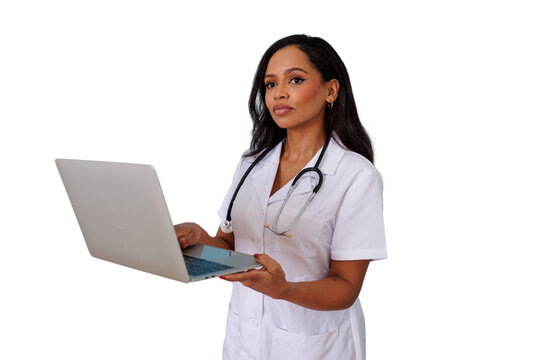 Female doctor using laptop for telemedicine, providing online medical consultation, modern healthcare technology, transparent background