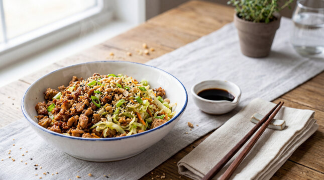 Pork Egg Roll in a Bowl with Cabbage and Sesame, 15-Minute High-Protein Dinner, 45-Degree Angle, Copy Space