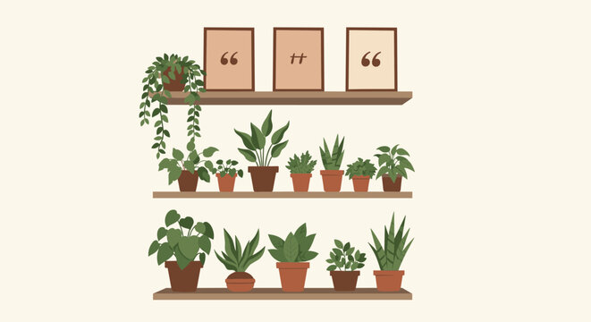 Stylish shelves featuring an array of diverse potted houseplants, including succulents and hanging plants, interspersed with three framed pieces of wall art.