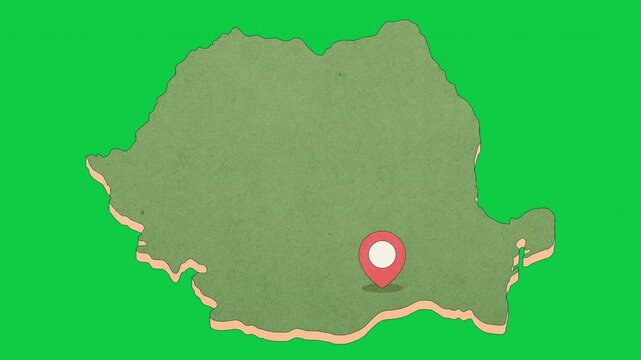 Animated Romania Map with Bouncing Location Marker on Bucharest City, Transparent Background, Alpha Channel, 4K resolution