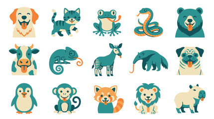 Obraz premium Vector Illustration of Minimalist Animal Icons and Avatars Set with Teal and Orange Color Palette Theme