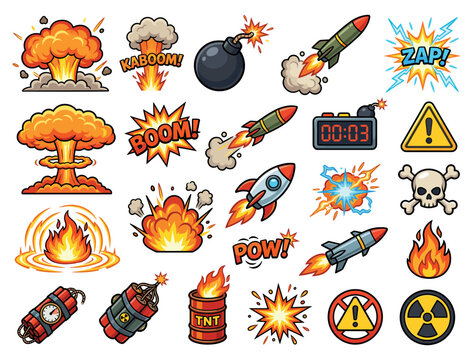 Explosion comic book elements including bombs and rockets