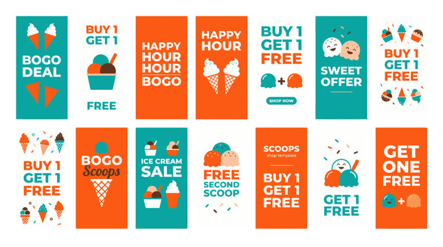 Vertical Social Media Stories Template Set for Ice Cream Shop BOGO and Buy 1 Get 1 Promotions